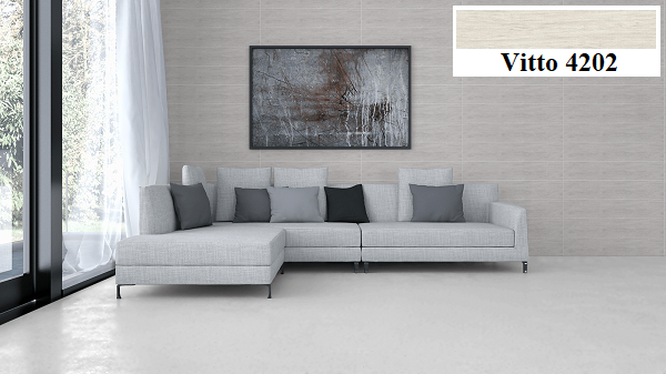 Tạo điểm nhấn cho phòng khách  bằng mẫu gạch vân gỗ màu xám trắng Vitto 4202