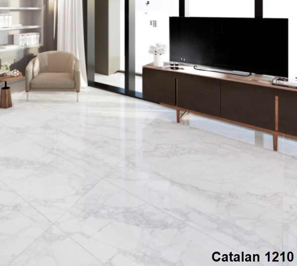 Phòng khách sử dụng gạch lát nền Catalan màu trắng vân đá mã 1201 kích thước 60x120