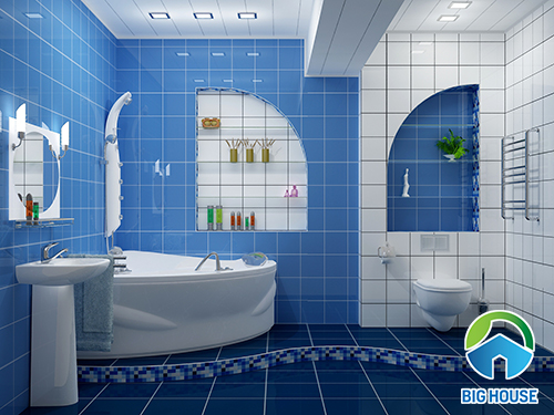 Gạch men kích thước 15x15cm màu xanh nước biển ốp tường nhà tắm