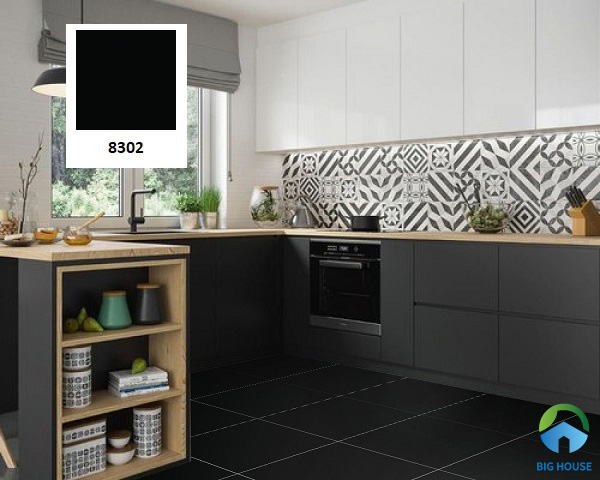 Mẫu gạch Tasa 8302 đen trơn kích thước 80x80 thích hợp với không gian phòng bếp hiện đại, sang trọng 