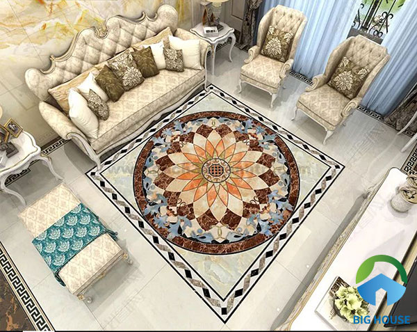 Thêm một mẫu thảm gạch lát sàn phòng khách họa tiết và màu sắc nổi bật tạo điểm nhấn